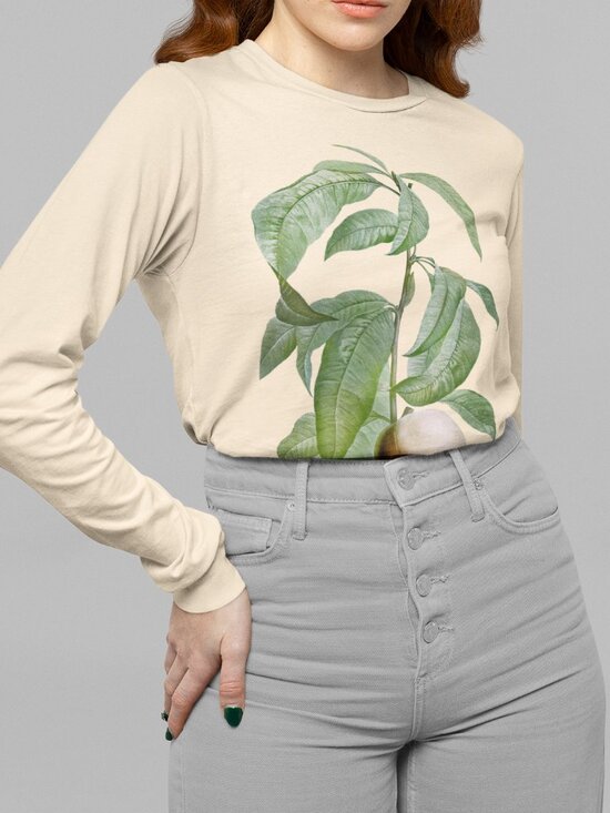 Outfit Bits Tops - Peach Vintage Botanical Print Long Sleeve Graphic Tee T-shirt S-XXL
